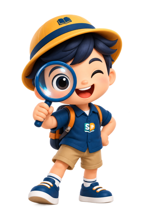 Scout, the Scout & Dash mascot, holding a magnifying glass